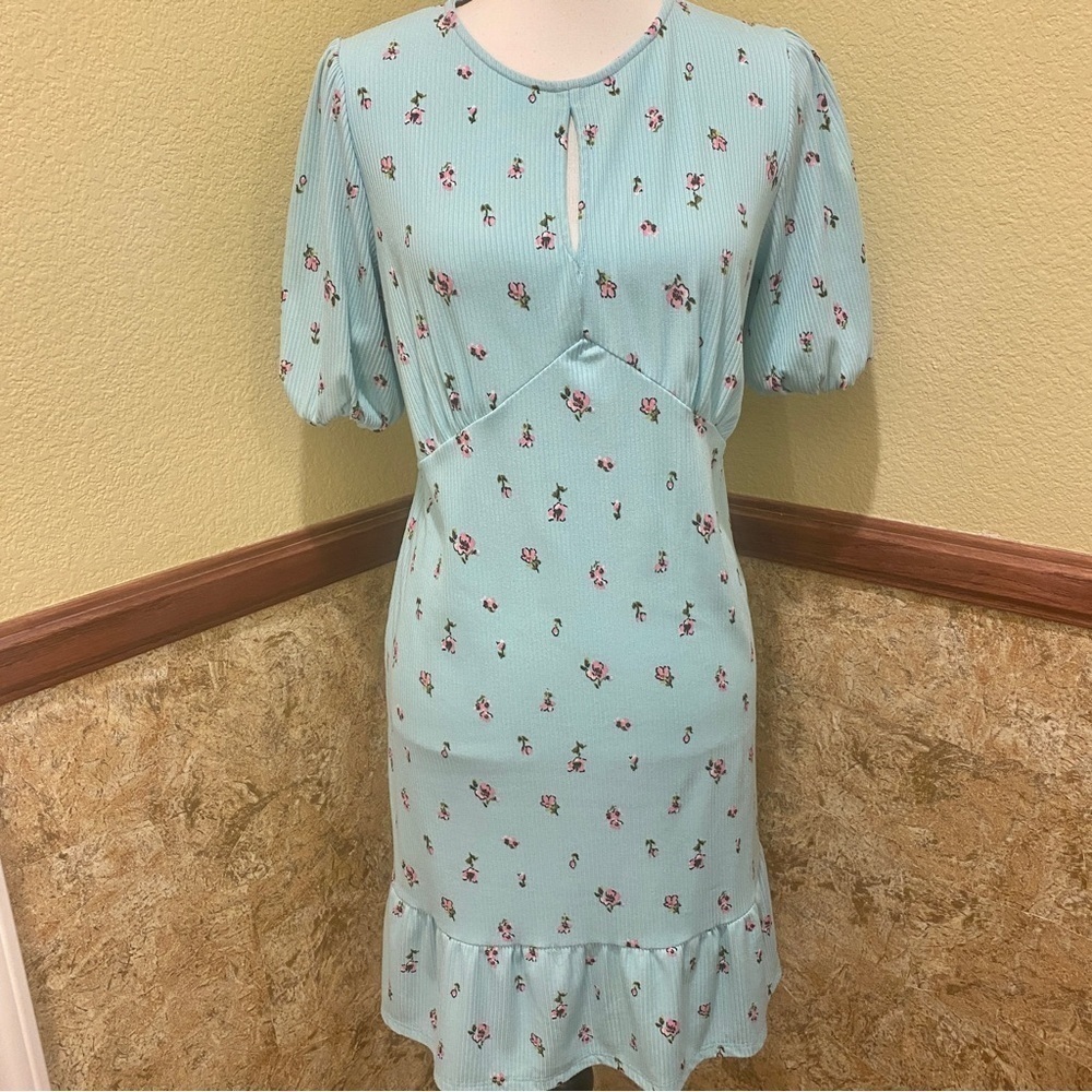 Velvet Torch Ribbed Blue Pink Floral Dress Stretch Size Medium Short Sleeve